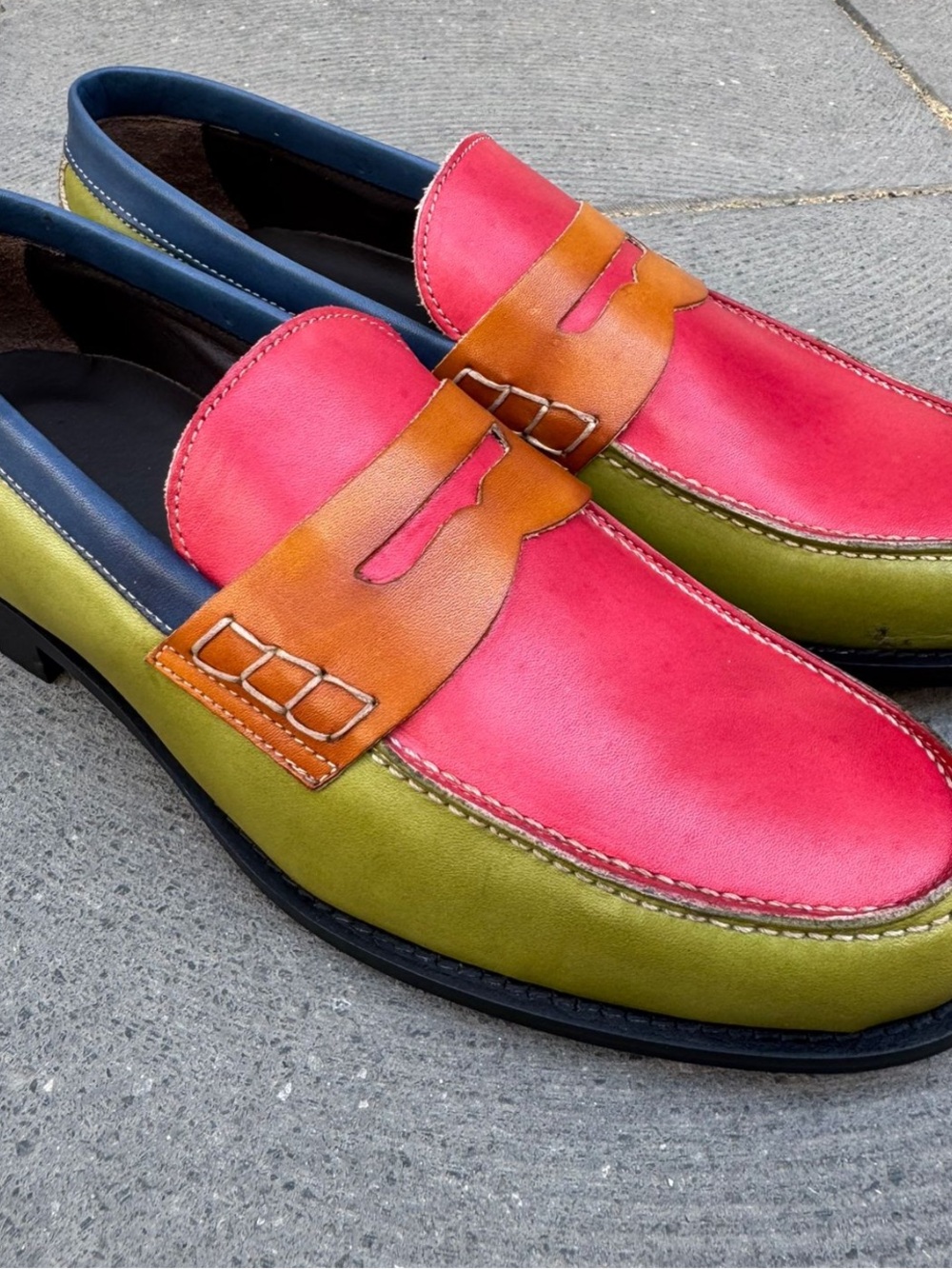 Men's Colorblock Leather Loafers in Pink, Olive & Tan - Picture 2 of 3